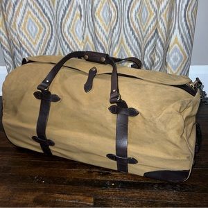 Rare Filson Rugged Twill Tan Canvas/Leather Wheeled Rolling Duffle Bag